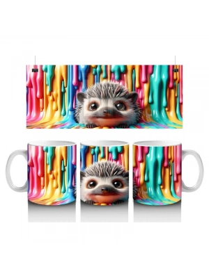 Çocuklara Sütü Sevdiren Renkli Boya Dalgaları Arasında Neşeli Kirpi Kupa Bardak