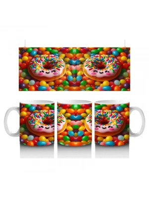 Çocuklara Sütü Sevdiren Renkli Şekerlerle Kaplı Gülümseyen Donut Desenli Kupa Bardak