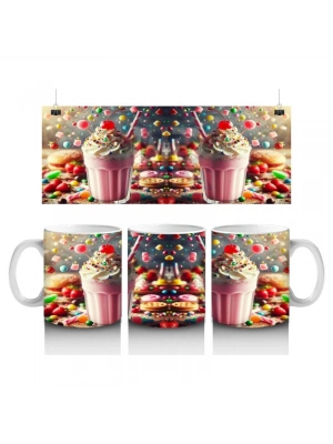 Çocuklara Sütü Sevdiren Renkli Şekerlerle Süslenmiş Milkshake Desenli Kupa Bardak