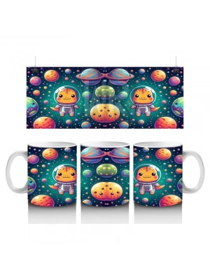 Çocuklara Sütü Sevdiren Sevimli Astronot Dinozor ve Renkli Gezegenler Desenli Kupa Bardak