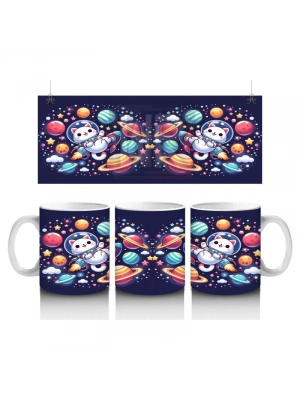 Çocuklara Sütü Sevdiren Sevimli Uzay Kedisi ve Renkli Gezegenler Desenli Kupa Bardak