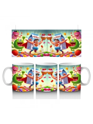 Çocuklara Sütü Sevdiren Süper Süt Kahramanı ve Renkli Tatlı Canavarlar Desenli Kupa Bardak