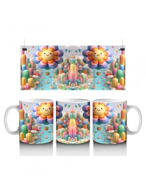 Çocuklara Sütü Sevdiren Uçan Balon Çiçekler ve Renkli Masal Diyarı Desenli Kupa Bardak