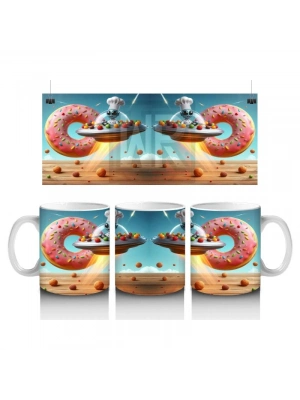 Çocuklara Sütü Sevdiren Uçan Donut ve Şef Fareli Uzay Gemisi Desenli Kupa Bardak