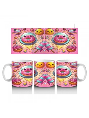 Çocuklara Sütü Sevdiren Uzay Donutları ve Tatlı Gezegenler Desenli Kupa Bardak