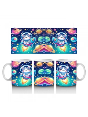 Çocuklara Sütü Sevdiren Uzay Roketiyle Gezen Sevimli Kedi Desenli Kupa Bardak