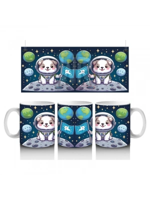 Çocuklara Sütü Sevdiren Uzayda Bayrak Diken Sevimli Köpek Desenli Kupa Bardak