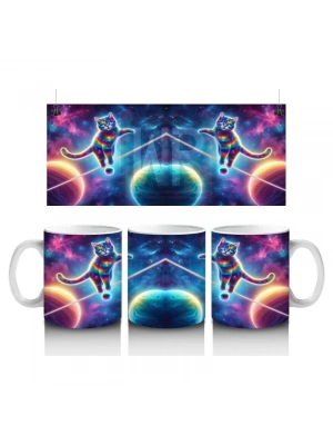 Çocuklara Sütü Sevdiren Uzayda İp Üstünde Yürüyen Gökkuşağı Kedisi Desenli Kupa Bardak