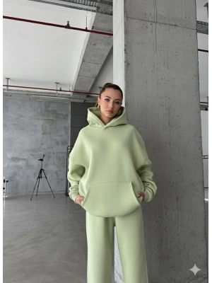 3 iplik şardonlu kapşonlu sweatshirt mint p510436