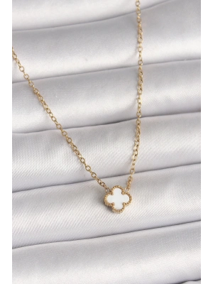 ÇOK SATAN 316L Çelik Gold Renk Beyaz Yonca Model Kadın Kolye