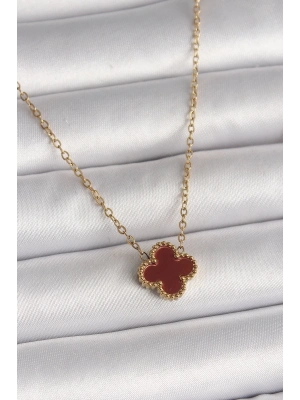 ÇOK SATAN 316L Çelik Gold Renk Bordo Yonca Model Kadın Kolye