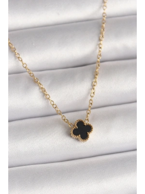 ÇOK SATAN 316L Çelik Gold Renk Siyah Yonca Model Kadın Kolye