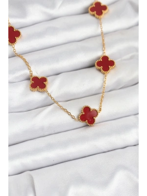 ÇOK SATAN 316L Çelik Gold Renk Zincir Bordo Yonca Kadın Kolye