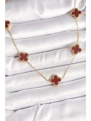 ÇOK SATAN 316L Çelik Gold Renk Zincir Bordo Yonca Model Kadın Kolye