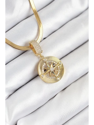 ÇOK SATAN 316L Çelik Zirkon Taşlı Pusula Model Gold Renk Kadın Kolye