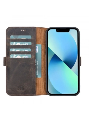 ÇOK SATAN Apple iPhone 13 Pro Max Uyumlu Deri Cüzdanlı Kılıf Acı Kahve