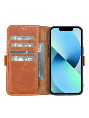 ÇOK SATAN Apple iPhone 13 Uyumlu Deri Cüzdanlı Kılıf Antik Taba