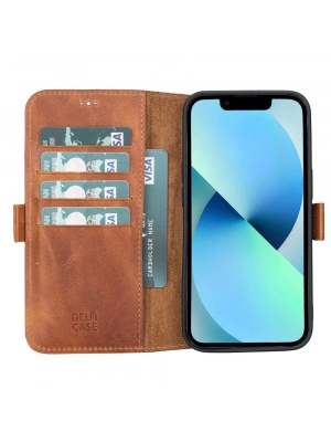 ÇOK SATAN Apple iPhone 13 Uyumlu Deri Cüzdanlı Kılıf Karamel