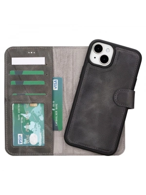 ÇOK SATAN Apple iPhone 15 Plus Uyumlu Deri Cüzdanlı Kılıf MWWN VS4EF Gri