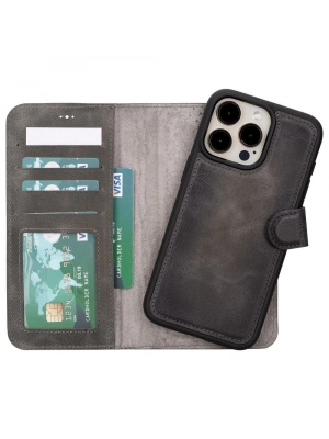 ÇOK SATAN Apple iPhone 15 Pro Max Uyumlu Deri Cüzdanlı Kılıf MWWN VS4EF Gri