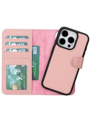ÇOK SATAN Apple iPhone 15 Pro Uyumlu Deri Cüzdanlı Kılıf MWWN NU2 Pembe