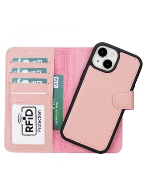 ÇOK SATAN Apple iPhone 15 Uyumlu Deri Cüzdanlı Kılıf MWWN NU2 Pembe