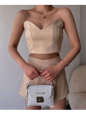 Arkadan büzgülü esnek büstiyer bej