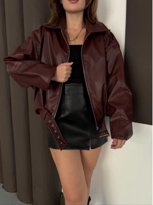 Astarlı kemerli pb deri ceket bordo onst