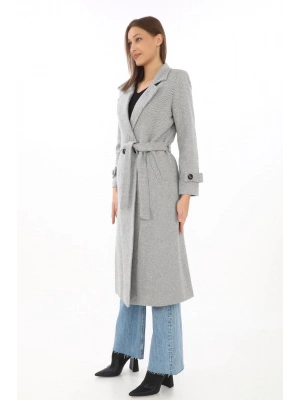 Balık Sırtı Kaşe Kaban – Uzun Boy Kruvaze Yaka Kuşaklı Astarlı Kışlık Tesettür Kaban, Yünlü Dokuma Kaşmir Kumaş, Cepli Rahat Oversize Kalıp Şık Modern Kaban Mont Modeli (Günlük ve Özel Gün Kombinlerine Uygun) - Gri