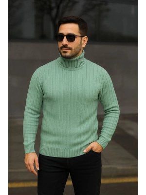 Balıkcı Yaka Bağazlı Triko Kazak Pamuklu Kalın Fitilli Dokuma, Regular Fit Uzun Kollu Kışlık Model - Mint Yeşili
