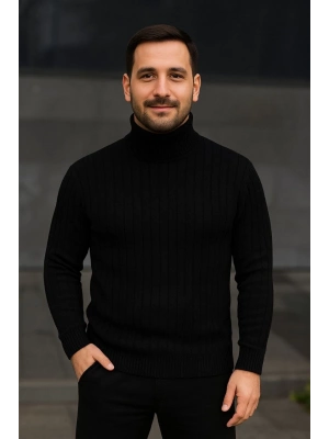 Balıkcı Yaka Bağazlı Triko Kazak Pamuklu Kalın Fitilli Dokuma, Regular- Siyah