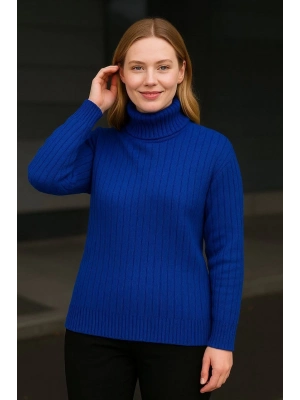 Balıkcı Yaka Bağazlı Triko Kazak Pamuklu Kalın Fitilli Dokuma - Saks Mavisi