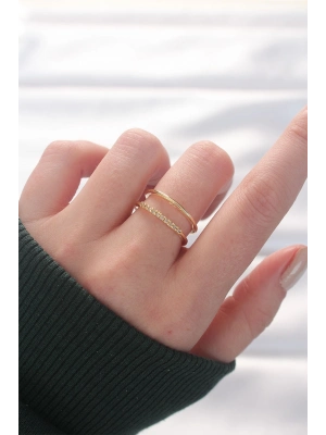 ® 2li Görünümlü Su Yolu Tasarımlı Gold Renk Ayarlanabilir Yüzük