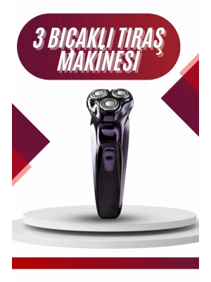 ® 3 Bıçaklı Döner Başlıklı Sakal Sıfır Alma Tıraş Makinesi Profesyonel Paslanmaz Çelik