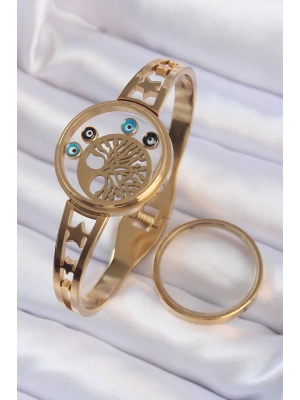 ® 316L Çelik Altın Renk İçi Yaşam Ağacı ve Nazar Boncuk Figürlü Açılabilir Fanus Kelepçe