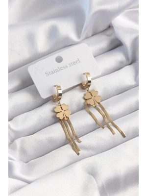 ® 316L Çelik Altın Renk İtalyan Zincirli Yonca Model Halka Küpe