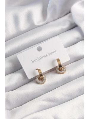 ® 316L Çelik Altın Renk Zirkon Taşlı Halka Model Küpe