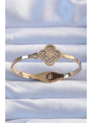 ® 316L Çelik Altın Renk Zirkon Taşlı Simli Yonca Kelepçe