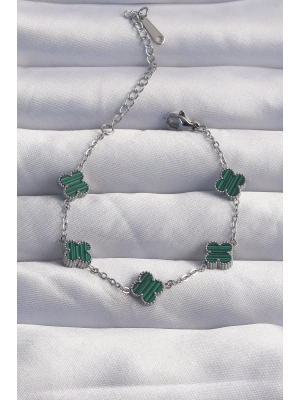 ® 316L Çelik Baby Boy Gümüş Renk Çizgili Yeşil Mineli Yonca Bileklik