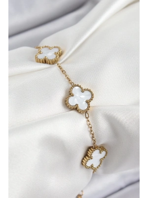 ® 316L Çelik Beyaz Sedef Yonca Model Gold Renk Kadın Bileklik