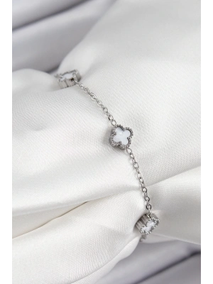 ® 316L Çelik Beyaz Sedef Yonca Model Gümüş Renk Kadın Bileklik