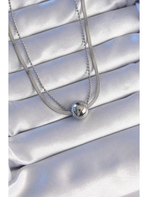 ® 316L Çelik Çift Zincirli Gümüş Renk Topçuk İtalyan Model Kolye