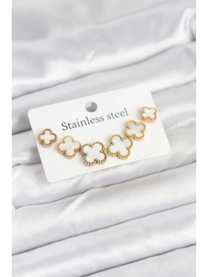 ® 316L Çelik Gold Beyaz Renk 3 Boy Yonca Küpe Seti