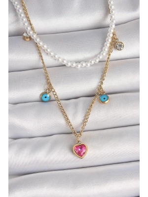 ® 316L Çelik Gold Renk 2Li İnci Zincir Model Pembe Taşlı Kalp Figür Nazar Boncuk Detay Kadın Kolye
