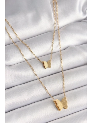 ® 316L Çelik Gold Renk 2Li Simli Kelebek Model Kadın Kolye