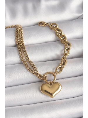 ® 316L Çelik Gold Renk 2Li Zincir Model Kalp Figür Kadın Bileklik