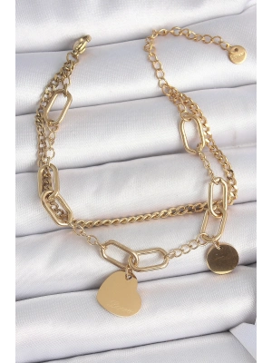 ® 316L Çelik Gold Renk 2Li Zincir Model Sallantı Kalp Figür Kadın Bileklik