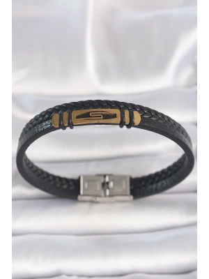 ® 316L Çelik Gold Renk Aksesuarlı Çift Sıra Siyah Burgu Desenli Deri Kordon Erkek Bileklik