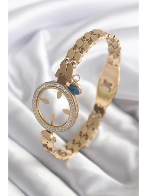 ® 316L Çelik Gold Renk Arpa Model Zirkon Taş Detay Çeyrek Altın Takılabilir Kadın Kelepçe