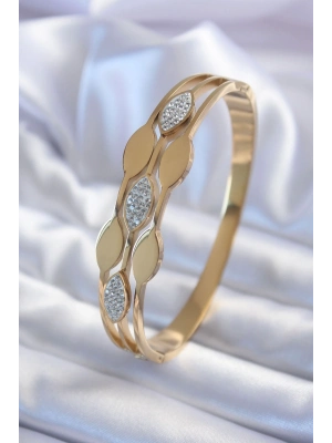 ® 316L Çelik Gold Renk Arpa Model Zirkon Taş Detay Kadın Kelepçe Bileklik
